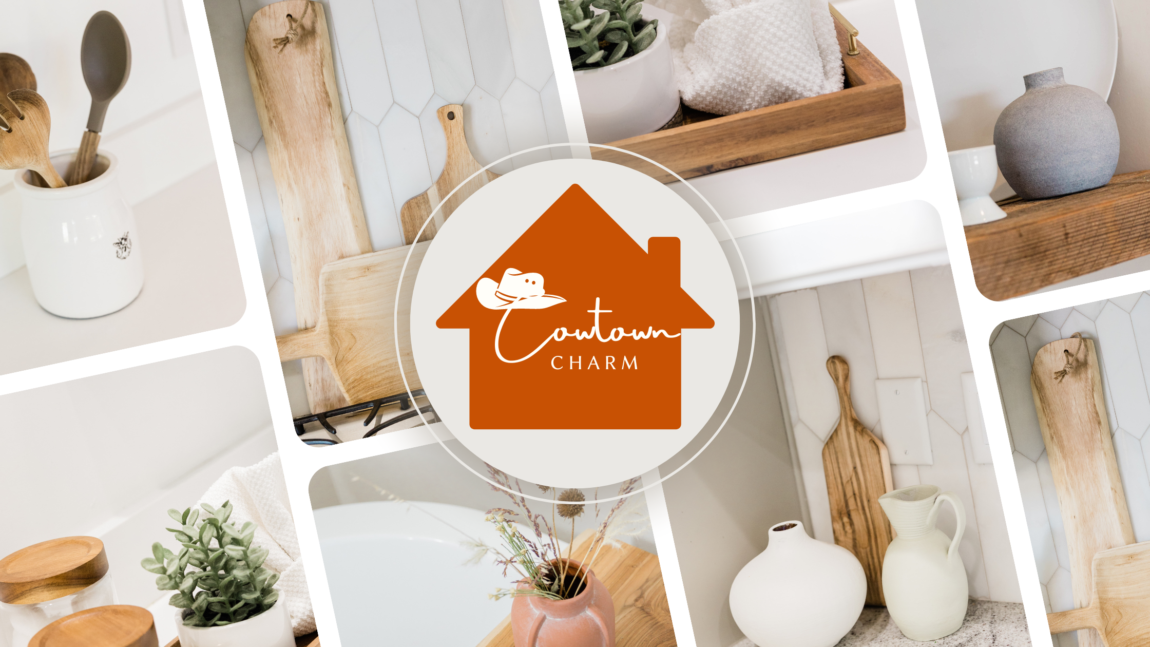 kitchen cutting board and home decor collage with the cowtown charm logo in the middle